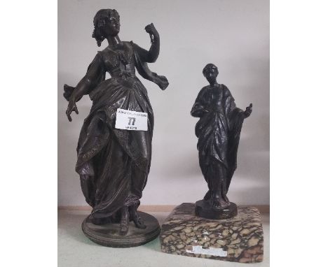 A Bronze Figure of a Lady in Classical Dress; 16.5cm high on square marble base; with A Late 19th Century Spelter Figure.