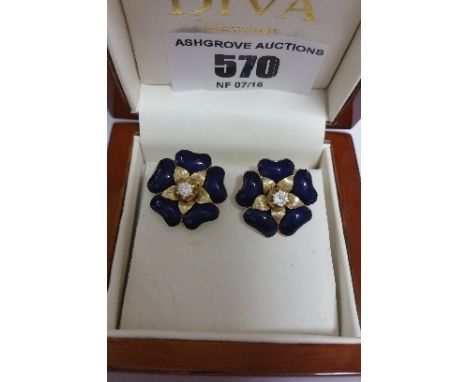 An 18ct Pair of Blue Enamel and Diamond Earrings.