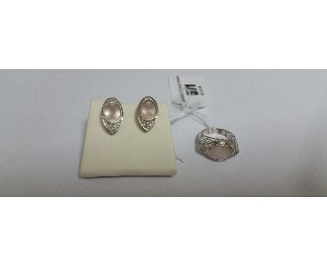 A 14ct Pair of Rose Quartz Earring along with a Matching Diamond Set Ring.