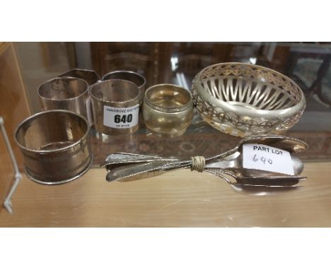 Four Various Silver Napkin Rings with a Set of Sterling Silver George Third Spoons, possibly by R S; with three pieces of pla