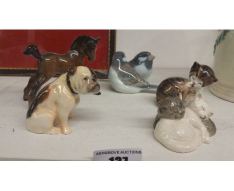 Three Royal Doulton Figures of Pets; along with a Royal Copenhagen pair of Tits and a Beswick Foal.