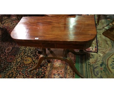 A Matched Pair of Victorian Mahogany Foldover Card Tables with Rosewood Banding; with green beize, raised on two turned colum
