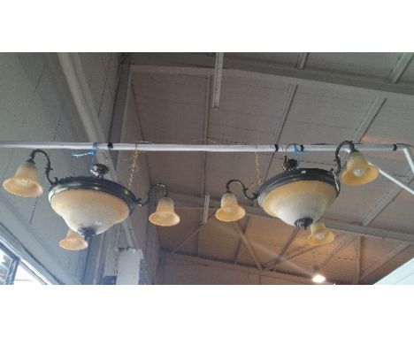 A Pair of Three Branch Ceiling Light Domes; with mottled peach effect finish on a frosted ground.