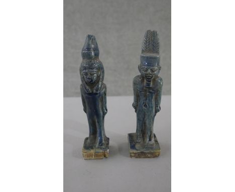 Two Egyptian style blue glaze ceramic figures of Egyptian gods. H.18 W.4cm (Largest) 