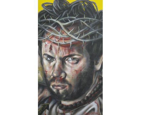 Chris Gollon (British 1953-2017), portrait study man wearing a crown of thorns, acrylic on canvas, signed lower right. H.55 W