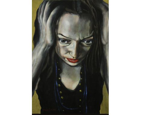 Chris Gollon (British 1953-2017), portrait study, acrylic on canvas, signed lower left. H.73 W.60cm. 