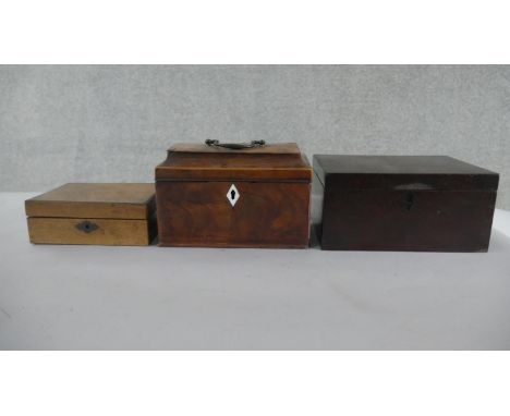 Three boxes, including a Regency mahogany tea caddy with three sections to the interior, a Victorian walnut sewing box, and a