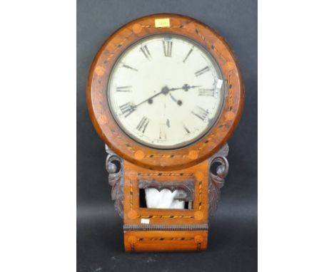 A 19th century Victorian era American drop dial wall clock. The clock having cream enamel face with black hand painted roman 