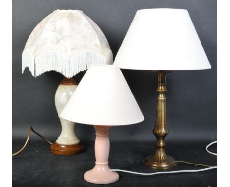 A group of three retro vintage 20th Century table lights / lamps. Including a pink glazed ceramic body, brass column lamp and