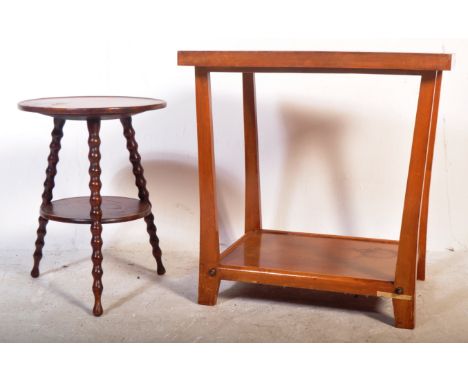 A 1930's walnut cricket table being raised on bobbin turned supports with circular table top together with a 1930's period sq