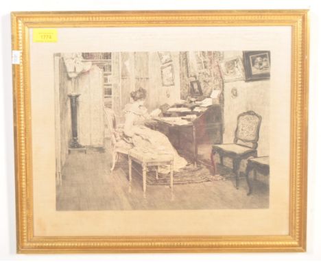 A 19th century Victorian era etching / engraving print on silk. The painting to depict a female sitter within a domestic sett