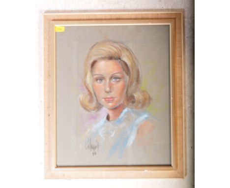 A retro vintage mid 20th century circa 1970s pastel &amp; chalk portrait picture of a lady set within a canvas frame. measure