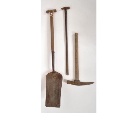 Railway tools to include: British Railways Coal Firing Shovel, Railroad Spike Driver Sledge Hammer Pick and Long Handled Ball