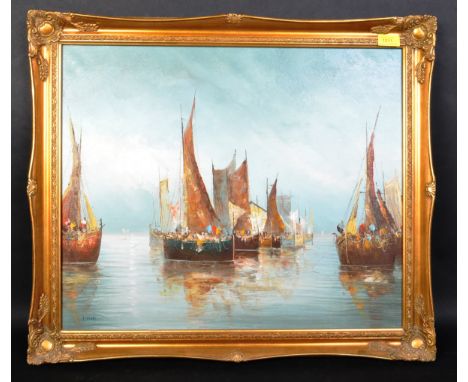 A vintage 20th century oil on canvas seascape painting to depict a flotilla of fishing boats anchored at sea. Signed L. Blake