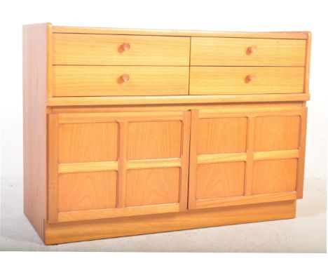 Nathan - Squares. A retro vintage circa 1960's British teak sideboard. Having a twin pair of drawers to the top front and a p