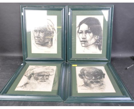 A set of four vintage 20th century ink on paper Middle Eastern Turkish portrait sketches of man &amp; women. The sketches are