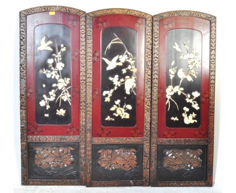 A trio of vintage of vintage 20th century Japanese Shibayama panels. Each panel being set within an arched carved hardwood fr