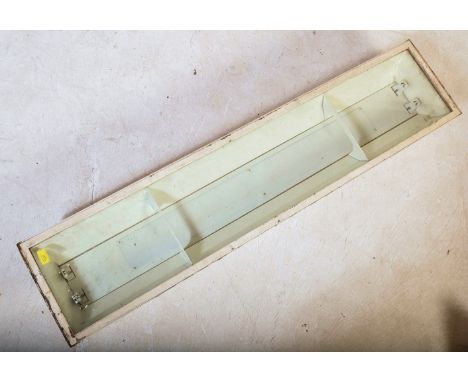 A retro vintage mid 20th Century industrial school white painted strip light. This metal factory light is of long rectangular