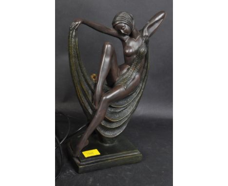 A 20th century Art Deco style table lamp base in the shape of a female figure with drape around her body raised on semi circu