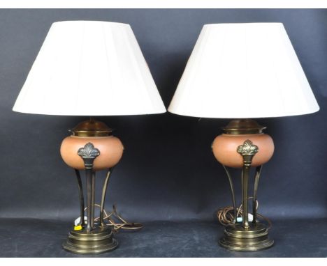 A pair of 20th century vintage retro table lamps. The lamps each having a painted and textured faux reservoir to body upheld 