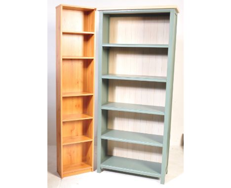 A vintage retro 20th century pine bookshelf / display shelf having a series of five box shelves together with another painted