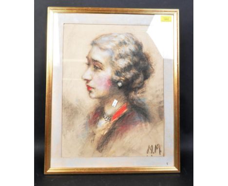 An early 20th century pastel portrait painting. The portrait to depict a female sitter in profile wearing pearl earrings and 