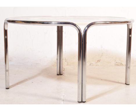 A retro vintage 20th century round plastic &amp; chrome coffee occasional table having a beige round chamfered top with Greek