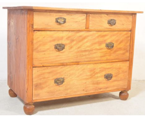 19th century continental pine and walnut - French chest of drawers commode. Raised on bun feet with 2 short over 2 drawers ha