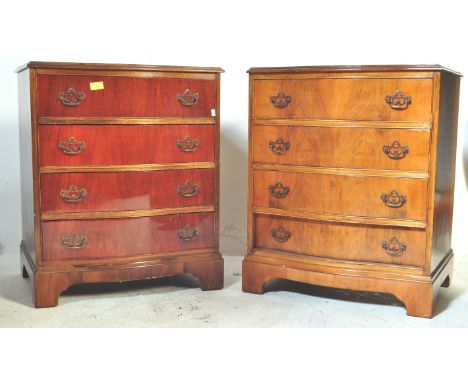 A pair of 20th century Regency Revival reproduction bow front mahogany bedside cabinets having serpentine tops over a bank of