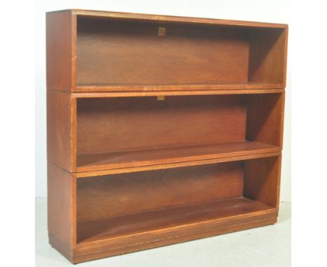 1950's mahogany open window lawyers stacking barristers bookcase. Open fronted box shelving that stacks having inset plinth b