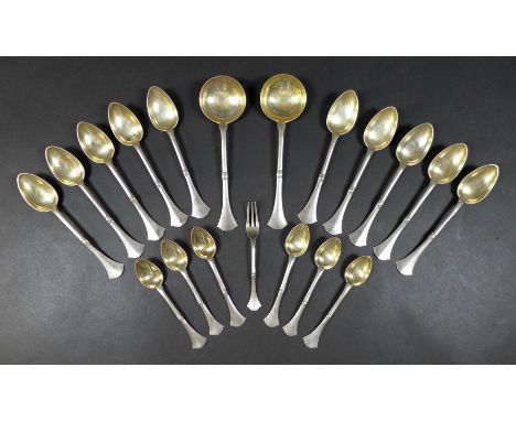 A collection of Russian white metal flatware, stamped 'Женева' (Geneva) and '84' suggesting 875 grade silver, including two s