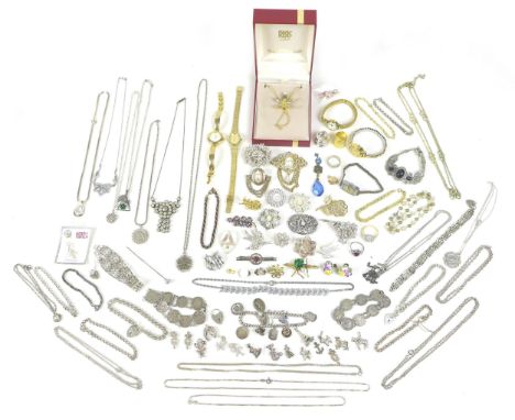 A small collection of silver and costume jewellery, including various necklaces, earrings, brooches, and pendants, two silver