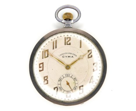 A Cyma 0.900 silver open faced pocket watch, keyless wind, circa 1920, champagne dial signed 'Cyma Chronometre', with gold Ar