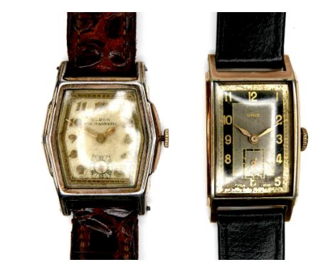 Two vintage gold plated gentleman's wristwatches, comprising an Elbon 'Non-Magnestic' with hexagonal dial, on brown strap, 28
