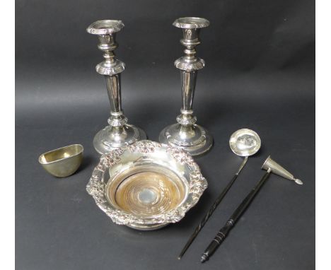 A collection of silver and silver plate, including a Victorian silver hip flask cup/base, bearing Cambridge University insign