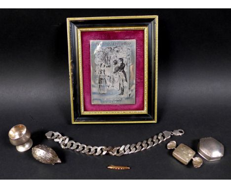 A 9ct gold ruby and seed pearl brooch, 0.9g, 3cm long, together with some silver trinkets, including a curb link chain bracel
