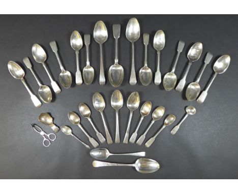 A group of silver flatware, mostly spoons, 22 to 11cm, together with a silver caddy spoon, 8cm, and silver pair of tongs, 9cm