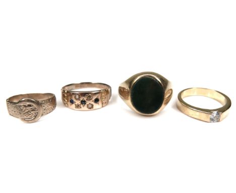 An 18ct gold bloodstone signet ring, size S/T, 7.1g, together with a 15ct seed pearl and blue stone gypsy set ring, size N, 2