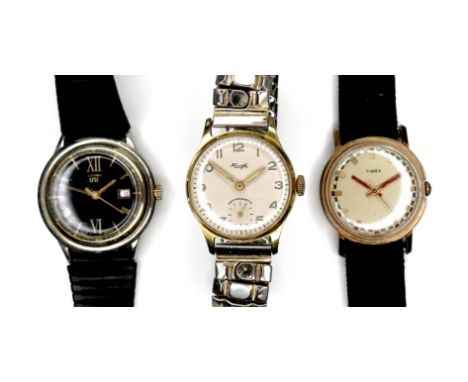 A group of three vintage wristwatches, comprising a Chron Uni gold plated, with black dial, black strap, 36.5mm case, a Timex