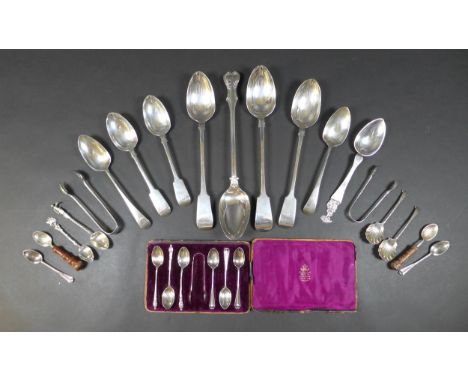 A group of silver and silver plated flatware, including two fiddle pattern basting spoons, 30cm, two fiddle pattern table spo