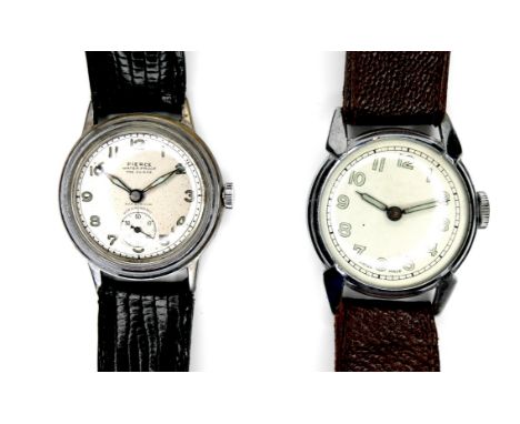 Two vintage gentleman's wristwatches, comprising a Pierce Parashock gold plated with circular dial, on black strap, 32mm case
