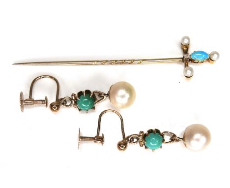 A 9ct gold diamond, turquoise and pearl stick pin, 3g, together with a pair of associated pearl and turquoise earrings, 1.2g.