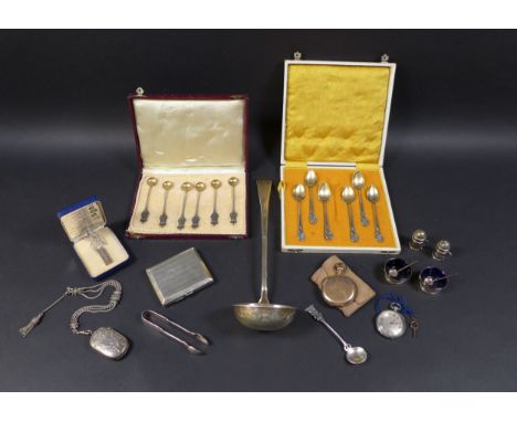 A collection of 19th century and later silver, including a Victorian silver vesta case, with bright cut decoration and parcel