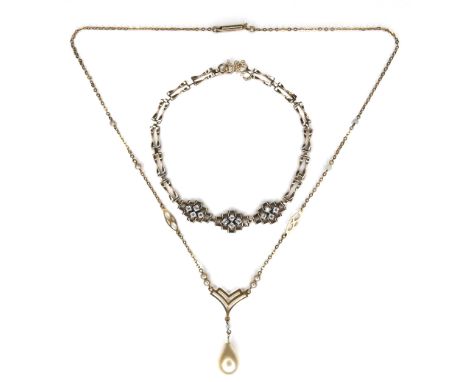 Two pieces of 9ct gold jewellery, comprising a gate link bracelet inset with twelve small round cut white stones, 19cm long, 