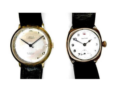 Two vintage gold plated gentleman's wristwatches, comprising a Limit with circular dial, on black strap, 33mm case, and a Wal