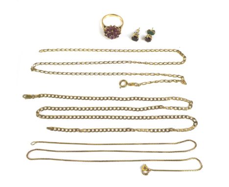 A group of 9ct gold jewellery, comprising three 9ct gold necklaces, 11g overall, including a flat curb link necklace, 50cm lo