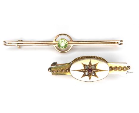 Two yellow metal bar brooches, comprising one with diamonds and ruby style stone, 7.2g overall. (2) 