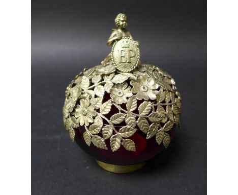 An ERII limited edition Aurum silver gilt and red glass commemorative pot pourri bowl, numbered 11 out of 150, commemorating 