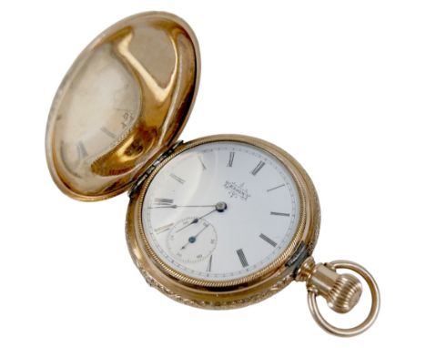 An American Elgin yellow metal cased full hunter pocket watch, with Roman numeral dial and a subsidiary dial, blue steel hand