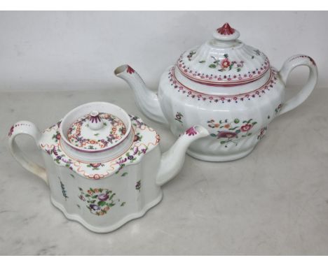 A Newhall Teapot with shaped body decorated with painted floral sprays, the lid with bud shaped finial and ribbon and swag st